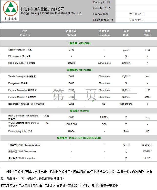 ABS加纖塑膠10%GF YJ700